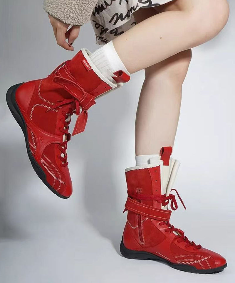 Red Lace Up Suede Splicing Boots