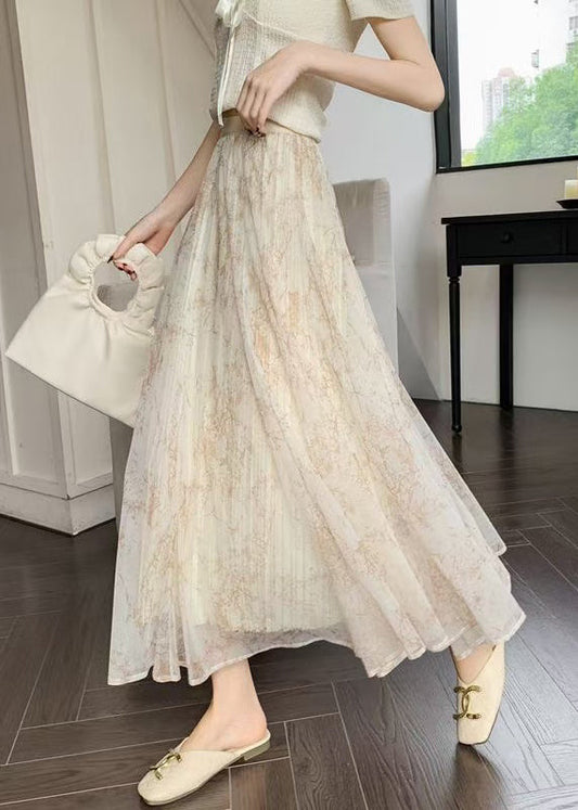 Apricot Print Elastic Waist Chiffon Skirts Summer
