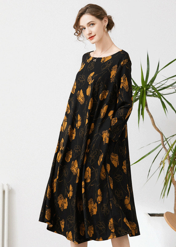Fine Black O-neck Oversized Print Cashmere Dresses Spring