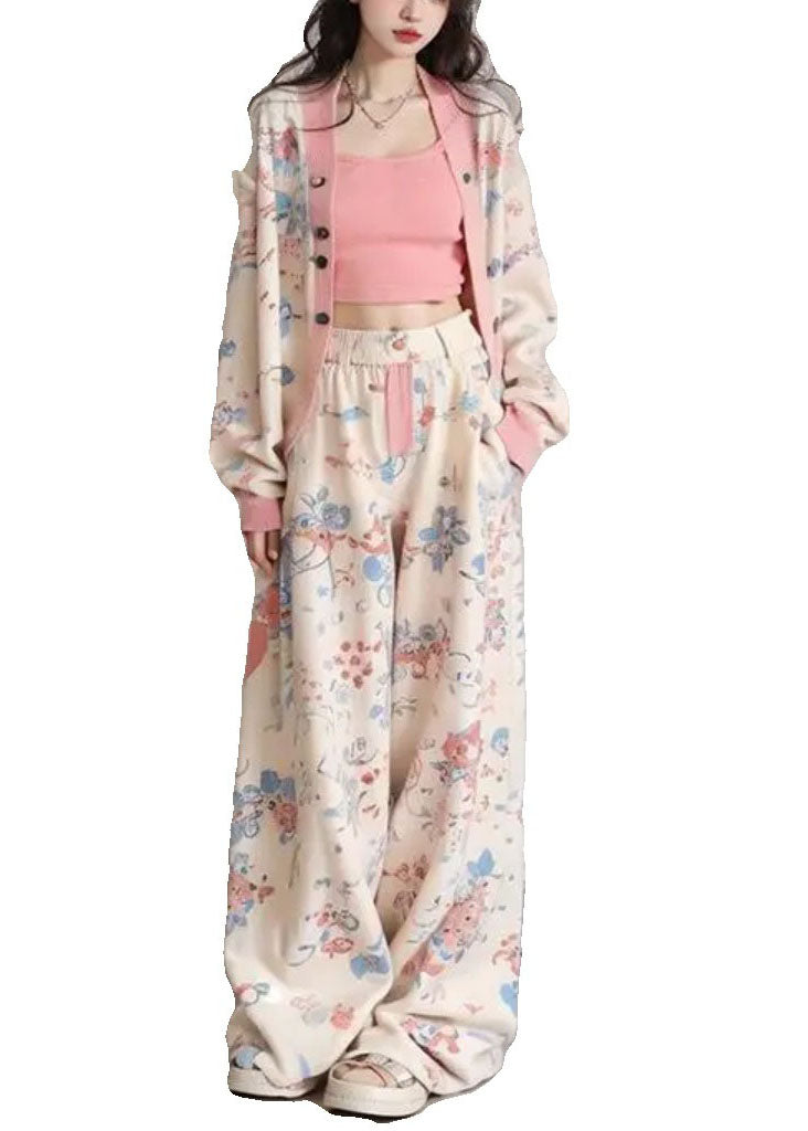 Apricot V Neck Print Coats Vest and Wide Leg Pants Three Pieces Set Long Sleeve