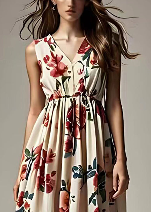 Beige Print Wrinkled Cotton Maxi Dresses Sleeveless