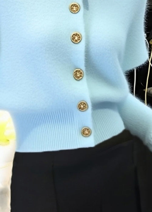 Blue O Neck Button Knit Short Sweater Winter