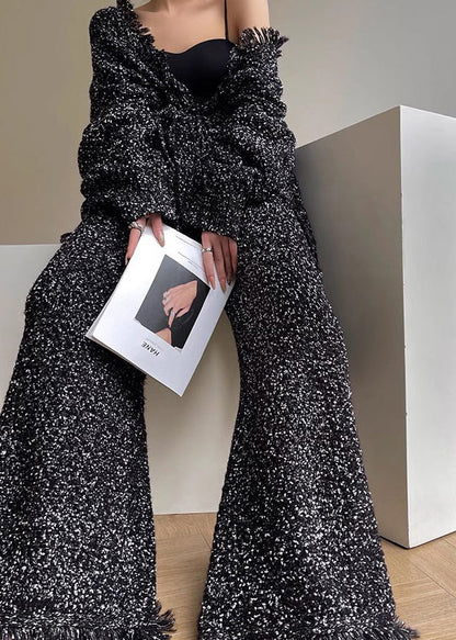 Unique Black Tasseled Tops and Pants Two Pieces Set Fall