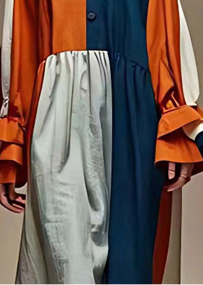 Colorblock Oversized Patchwork Linen Dress Flare Sleeve