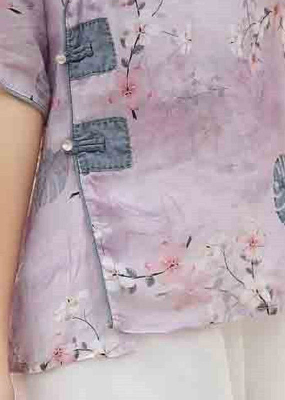 Light Purple Stand Collar Print Button Linen Blouse Top Short Sleeve