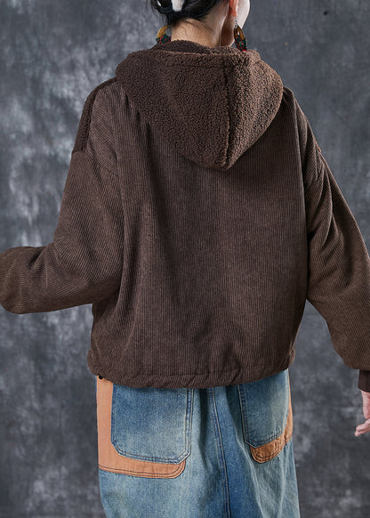 Brown Patchwork Warm Fleece Jacket Hooded Winter