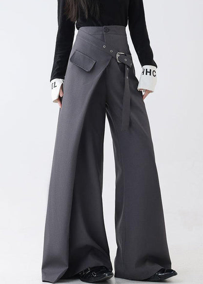 Grey False Two Pieces Spandex Fall Wide Leg Pants Pockets