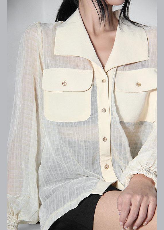 Art Beige Plaid Pockets Button Blouse Tops Summer