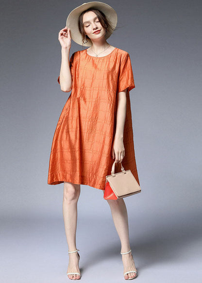 Orange O Neck Silk a Line Dress Summer