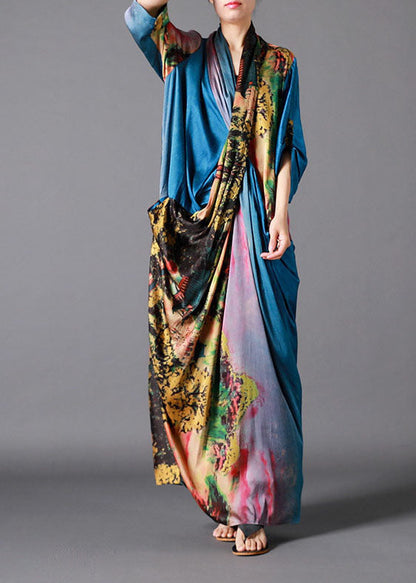 French Blue Asymmetrical Design Print Fall Half Sleeve Long Dresses