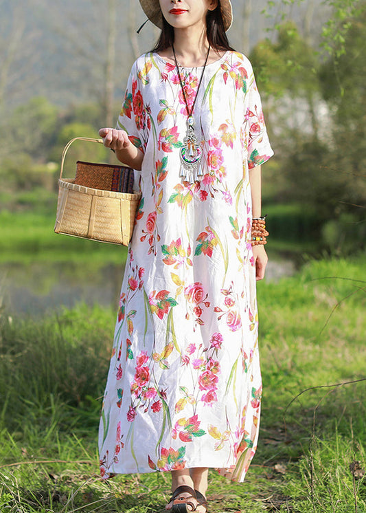 White O-neck Print Beach Dresses Short Sleeve