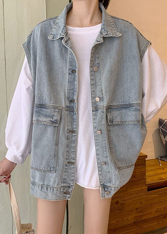 Diy Denim Blue Peter Pan Collar Pockets Patchwork Waistcoat Sleeveless