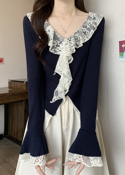 Navy V Neck Lace Patchwork Cotton T Shirts Flare Sleeve