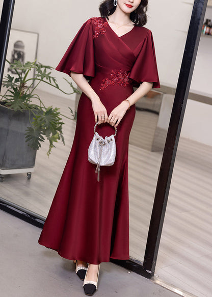 Classy Wine Red V Neck Embroideried Cotton Long Dresses Butterfly Sleeve