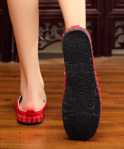 Red Slide Sandals Embroideried Cotton Fabric Splicing Slides