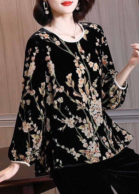 Jacquard Black O-neck Silk Velour Shirt Long Sleeve