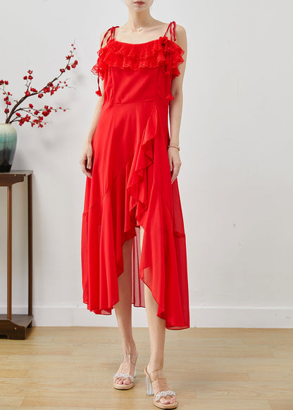 Red Ruffled Side Open Chiffon Cami Dresses Summer