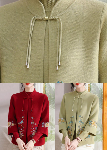 Red Embroidered Cotton Knit Cardigans and Sweater Two Pieces Set Fall