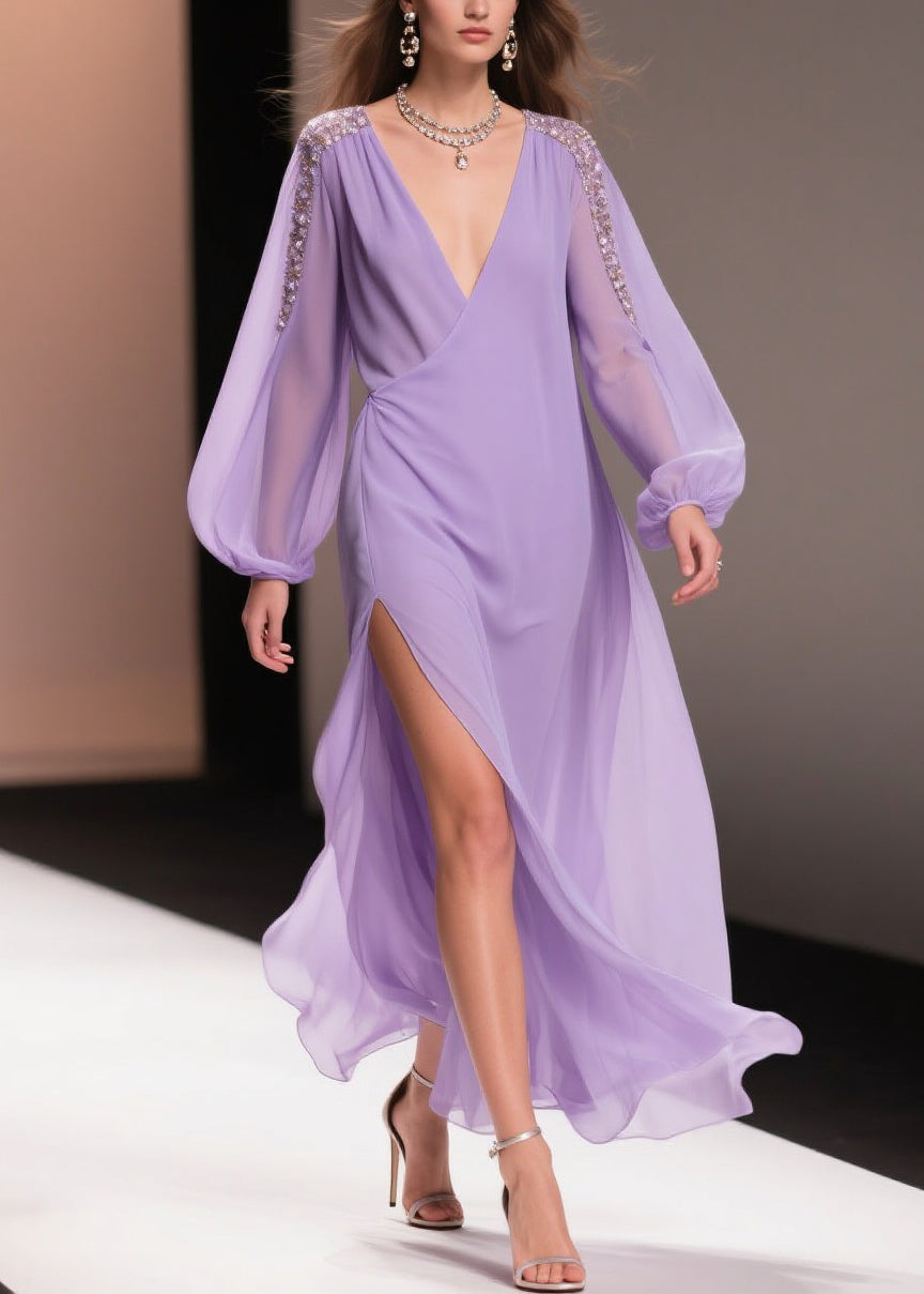 Italian Purple Wrinkled Side Open Chiffon Long Dresses Spring