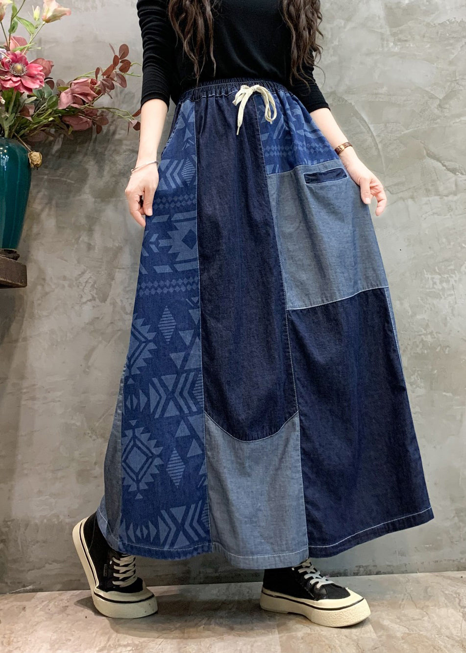 Navy Patchwork Elastic Waist Denim Skirts Spring