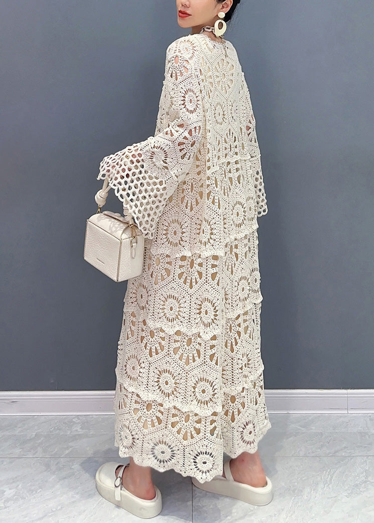Apricot V Neck Hollow Out Long Lace Cardigan Fall