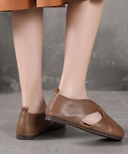Chocolate Hollow Out Flat Feet Shoes Cowhide Leather