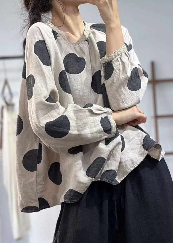 Beige Oversized Dot Print Linen Shirts Fall