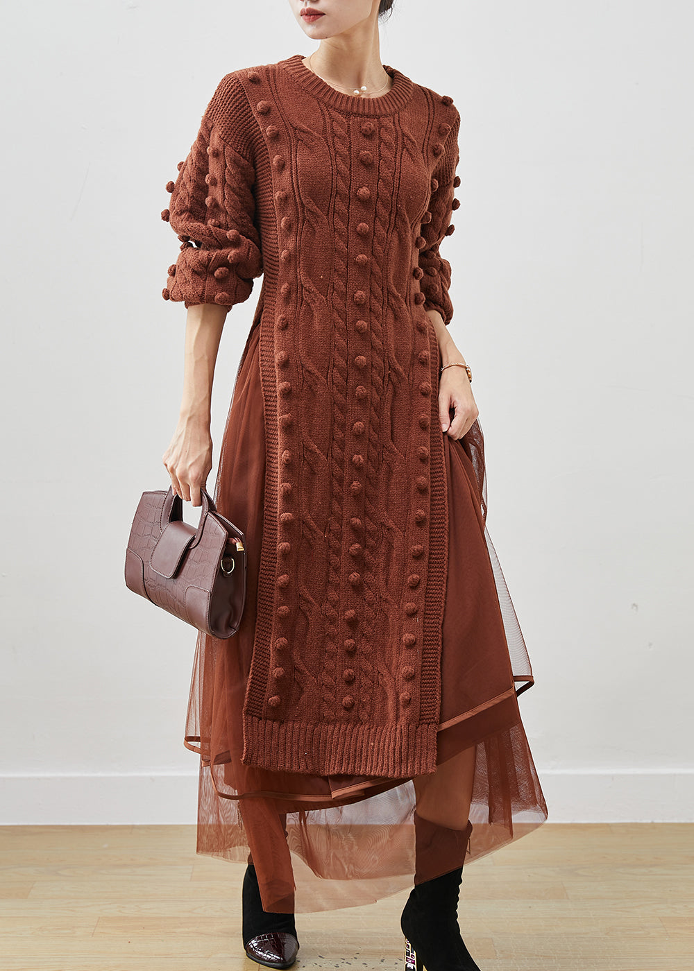 Khaki Silm Knit Sweater Dress and Tulle Skirt Two Pieces Set Side Open Winter