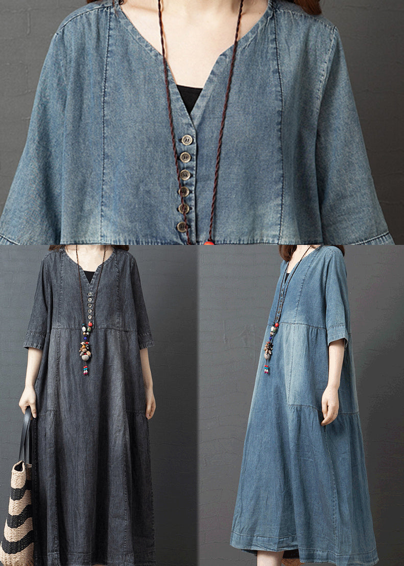 Blue Patchwork Cotton Denim Dresses Button Half Sleeve