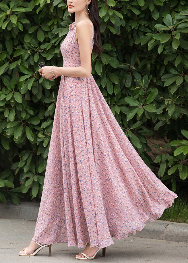Pink Print Chiffon Cardigan and Slip Dress Two Pieces Set Spring