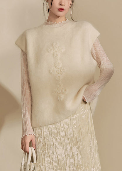 Simple Beige O-neck Cozy Cotton Knit Waistcoat Winter