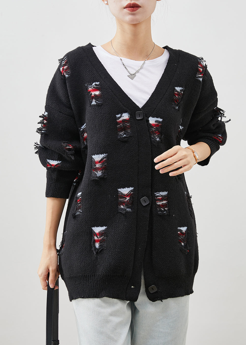 Black Oversized Ripped Thick Knit Coat Spring