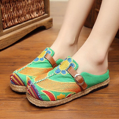 Red Cotton Linen Embroideried Fabric Buckle Strap Thong Sandals