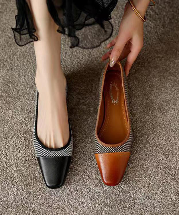 Black Chunky Heel Cowhide Leather Soft Splicing