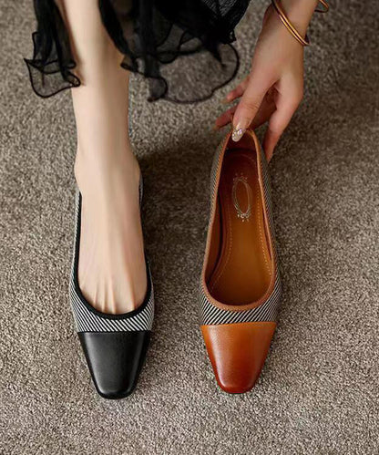 Black Chunky Heel Cowhide Leather Soft Splicing