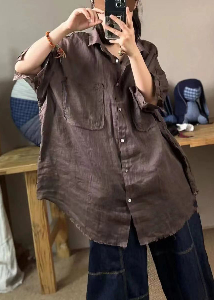 Green Peter Pan Collar Linen Shirt Tops Half Sleeve