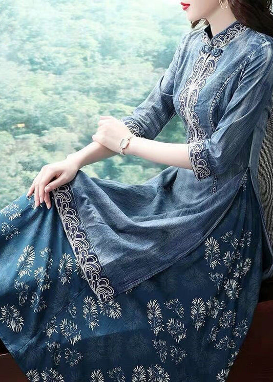 Blue Mandarin Collar Embroideried Patchwork Cotton Denim Fake Two Piece Dress Half Sleeve