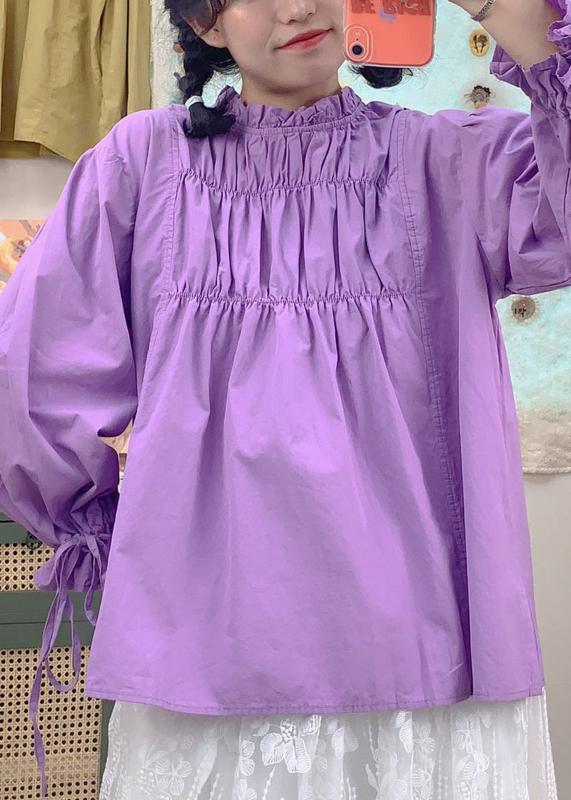 French Purple Ruffled Lace Up Cotton Top Spring