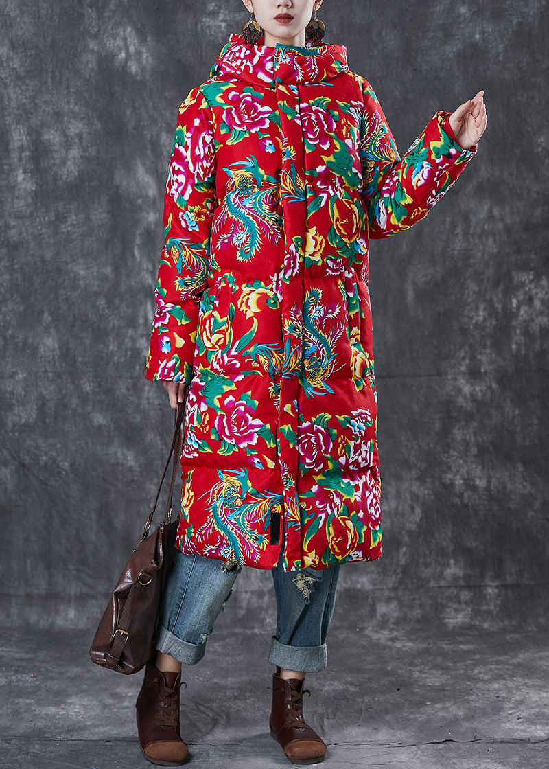 Art Red Hooded Print Fine Cotton Filled Witner Jacket Winter