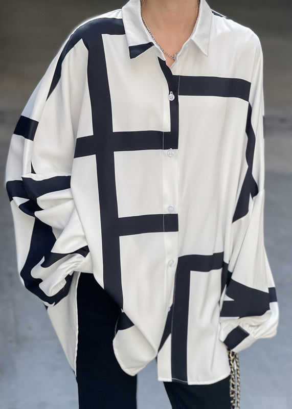 White Asymmetrical Striped Patchwork Cotton Tops Long Sleeve