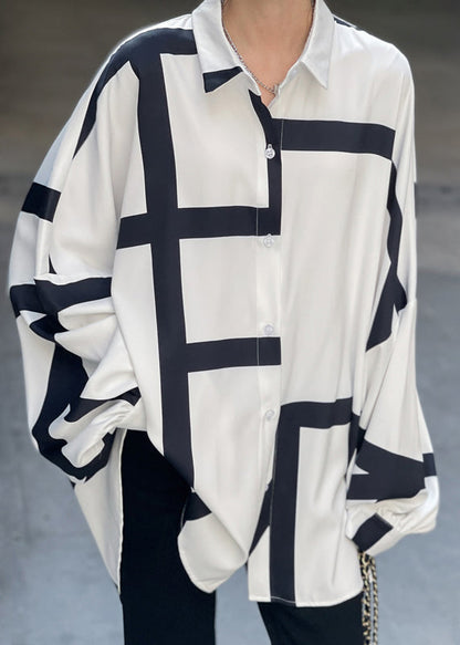 White Asymmetrical Striped Patchwork Cotton Tops Long Sleeve