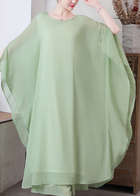Loose Pea Green O-neck Chiffon Maxi Dresses Spring