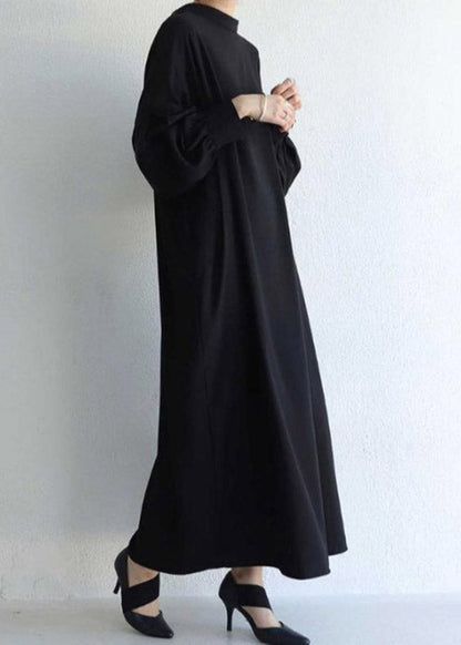 Vogue Black O-neck Button Maxi Dress Long Sleeve