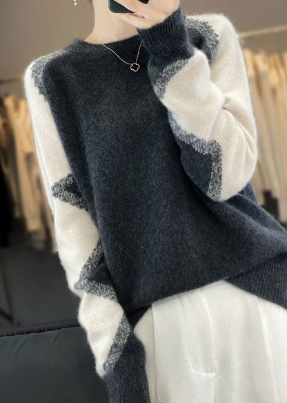Dark Gray O Neck Patchwork Cozy Wool Sweaters Spring
