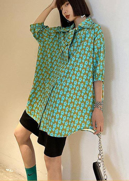 Green Print Button Short Sleeve Cotton Top