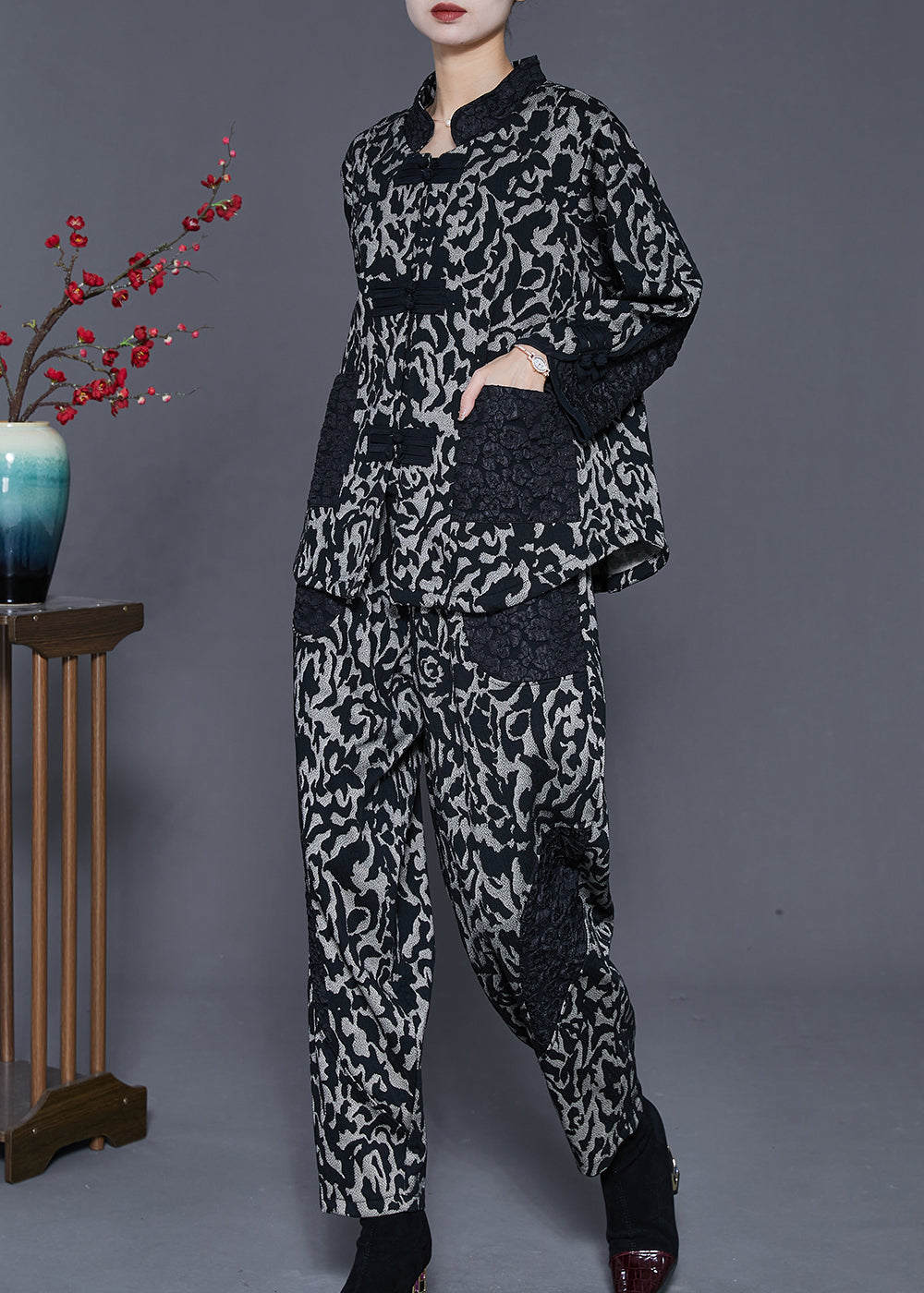 Grey Jacquard Patchwork Cotton Oriental Two Pieces Set Spring