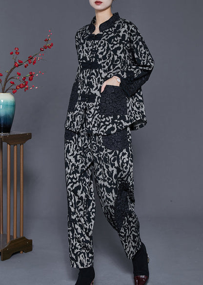 Grey Jacquard Patchwork Cotton Oriental Two Pieces Set Spring