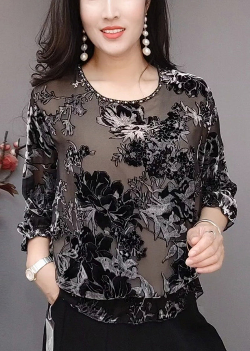 Black O Neck Loose Silk Velour T Shirts Bracelet Sleeve
