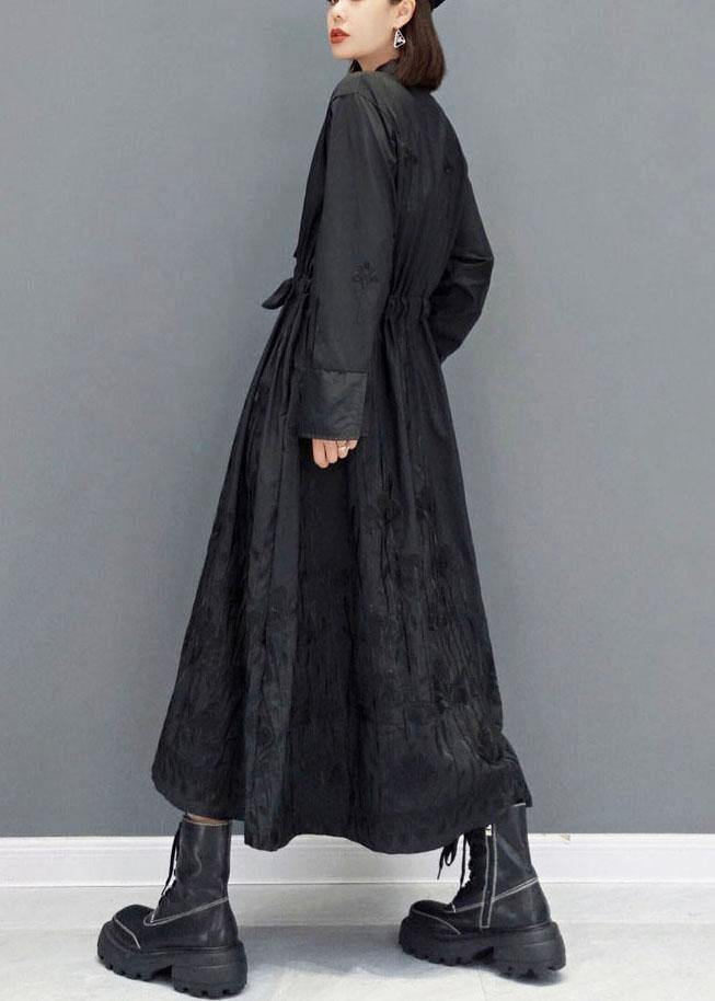 Black O-neck Button Maxi Dresses Fall Long Sleeve