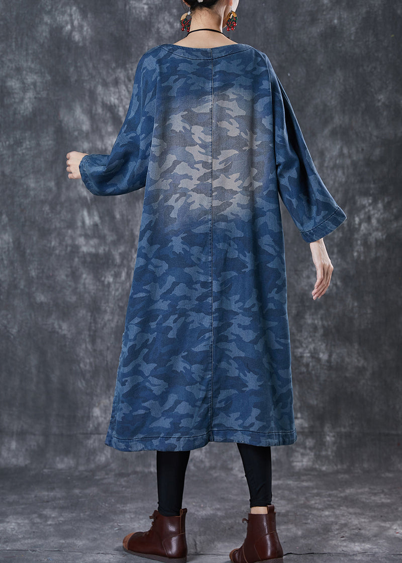 Blue Camouflage Print Chinese Button Denim Dress Spring